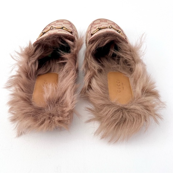 GUCCI | Princetown Fur Horsebit Tan Beige GG Monogram Slipper Mule EU 40 US 10 - Picture 6 of 10
